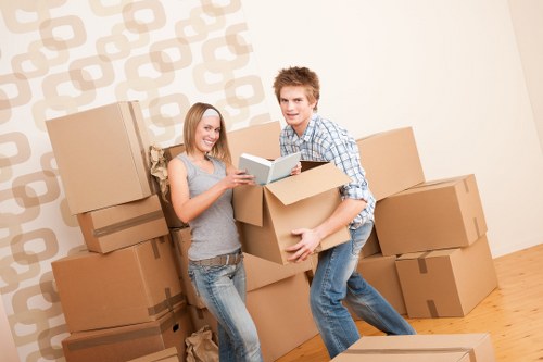Professional movers organizing household items for relocation